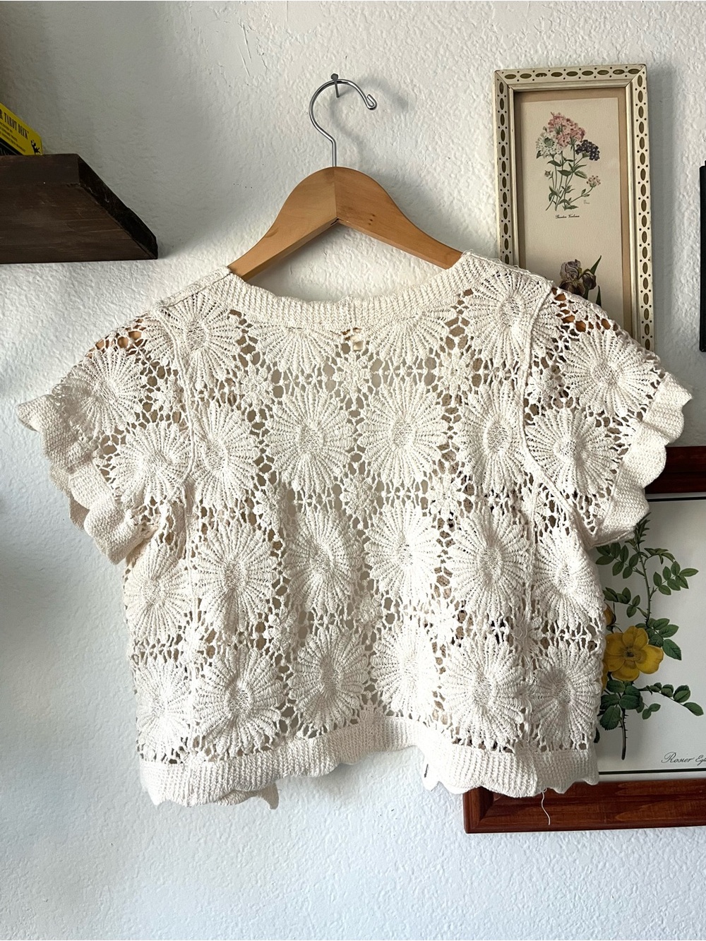 Rebellion Cream Crochet Button Front Crop Top 100% Cotton | Small - Cottagecore - Picture 4 of 12